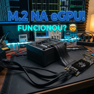 M.2 Na eGPU. IMagem para ilustrar uma bancada de teste de uma eGPU e um mini-PC.
